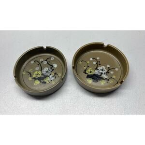 Vintage Stoneware Ashtray Dark Green Floral Design Motif Korea 5” Set 2